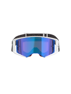 Alpinestars Supertech Corp Goggles Absolute Vision, Motocross Goggles, White and Blue frame with Mirrored Blue lens, featuring 'ONE GOAL. ONE VISION.' text on the lens, black and white adjustable strap, high-performance eyewear for off-road racing