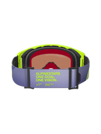 Alpinestars Supertech Vision Corp Goggles, back view, light purple strap featuring neon yellow 'ALPINESTARS ONE GOAL. ONE VISION.' text, neon yellow frame, multi-layer black face foam, and tinted lens for motocross and off-road racing
