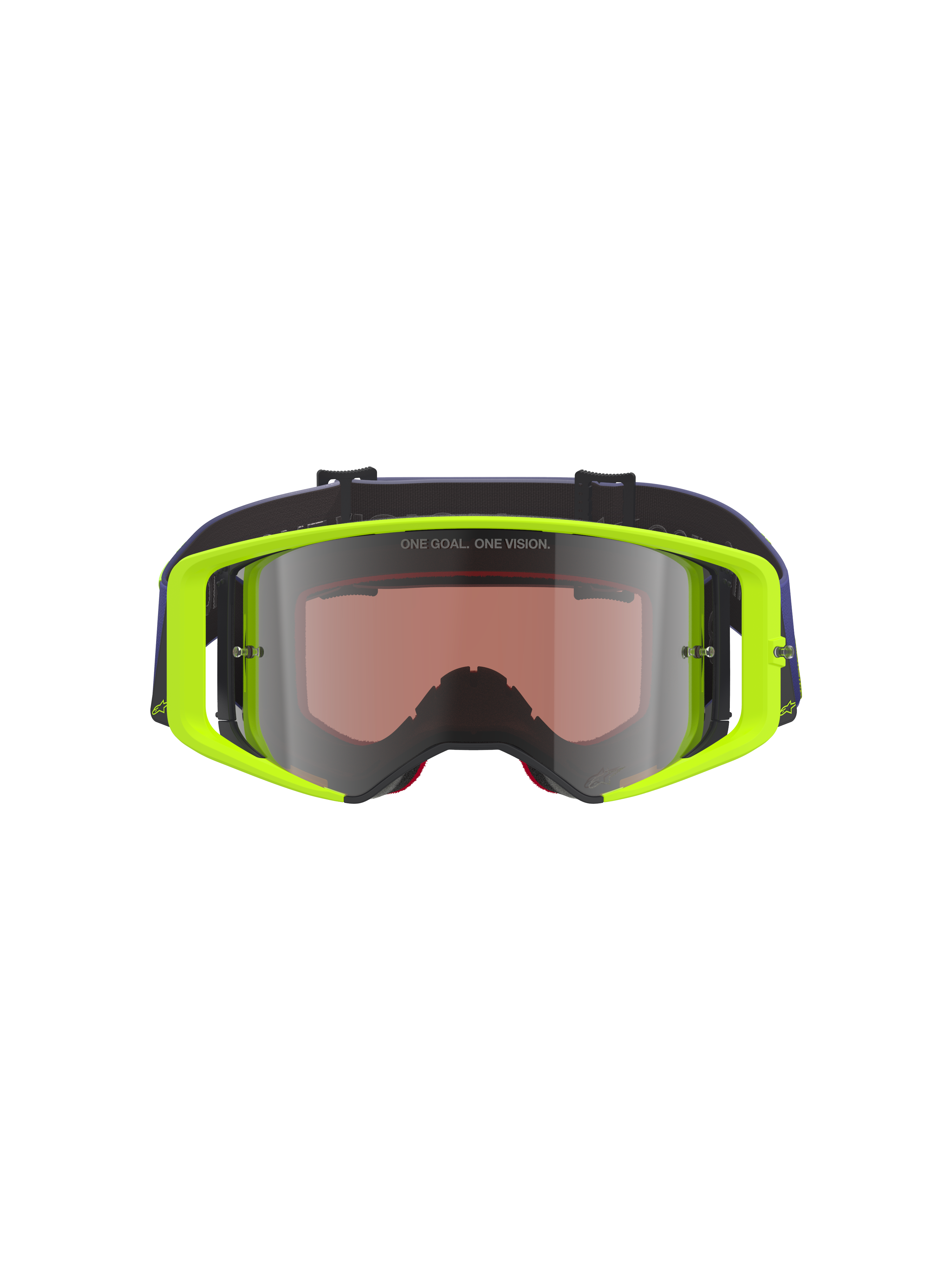 Alpinestars Supertech Vision Corp Goggles, Motocross Goggles, Fluorescent Yellow frame with Purple strap, Mirror Silver tinted lens featuring 'ONE GOAL. ONE VISION.' text, high-performance eye protection for off-road racing