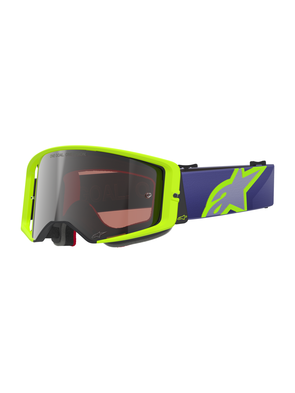 Alpinestars Supertech Vision Corp goggles, motocross off-road briller, neongul og lilla, sølvfarvet spejlglas med One Goal One Vision-tekst, lilla rem med stort neongult stjernelogo, sort skumpolstring, slagfast buet linsedesign