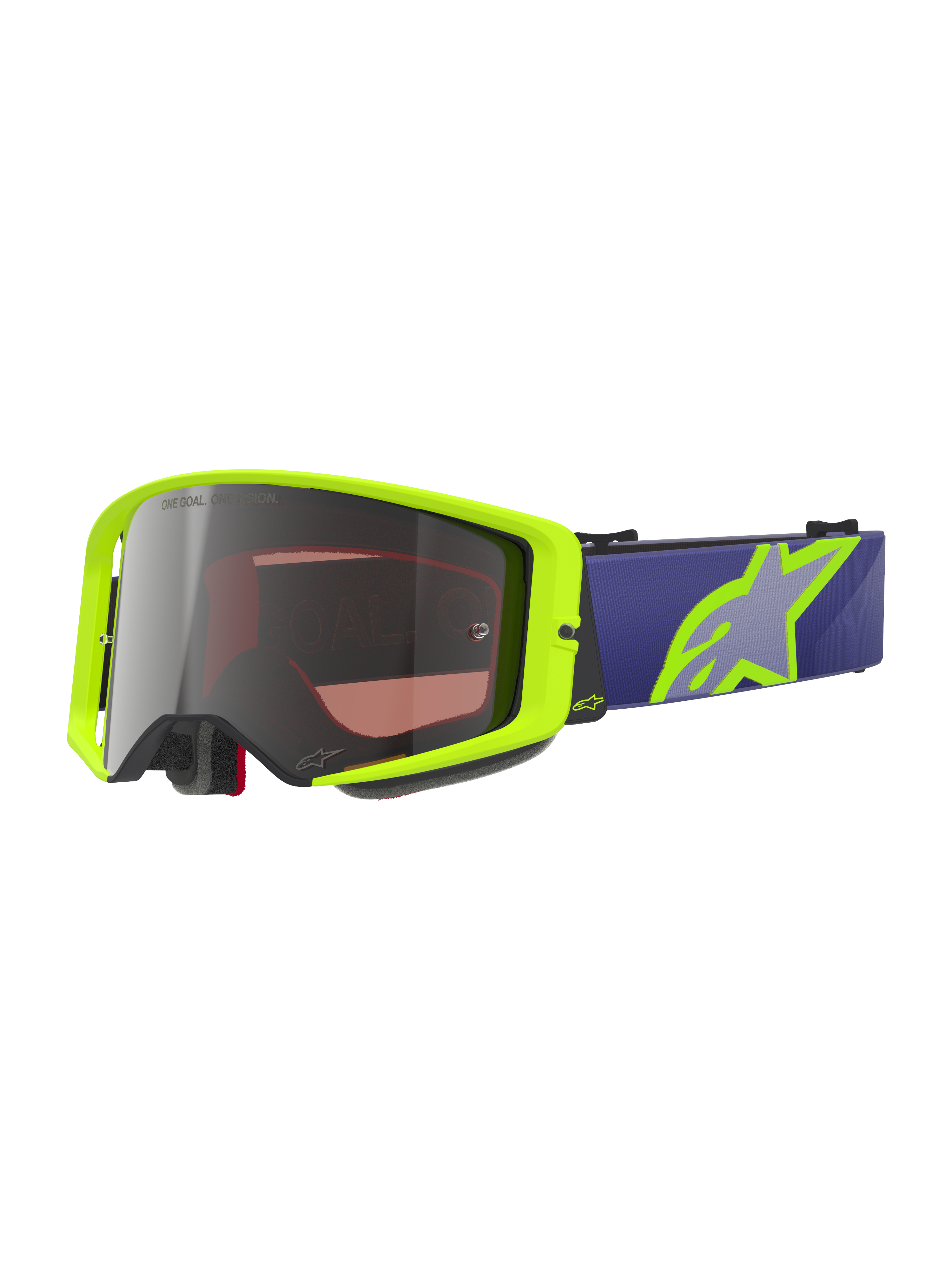 Alpinestars Supertech Vision Corp goggles, motocross off-road briller, neongul og lilla, sølvfarvet spejlglas med One Goal One Vision-tekst, lilla rem med stort neongult stjernelogo, sort skumpolstring, slagfast buet linsedesign