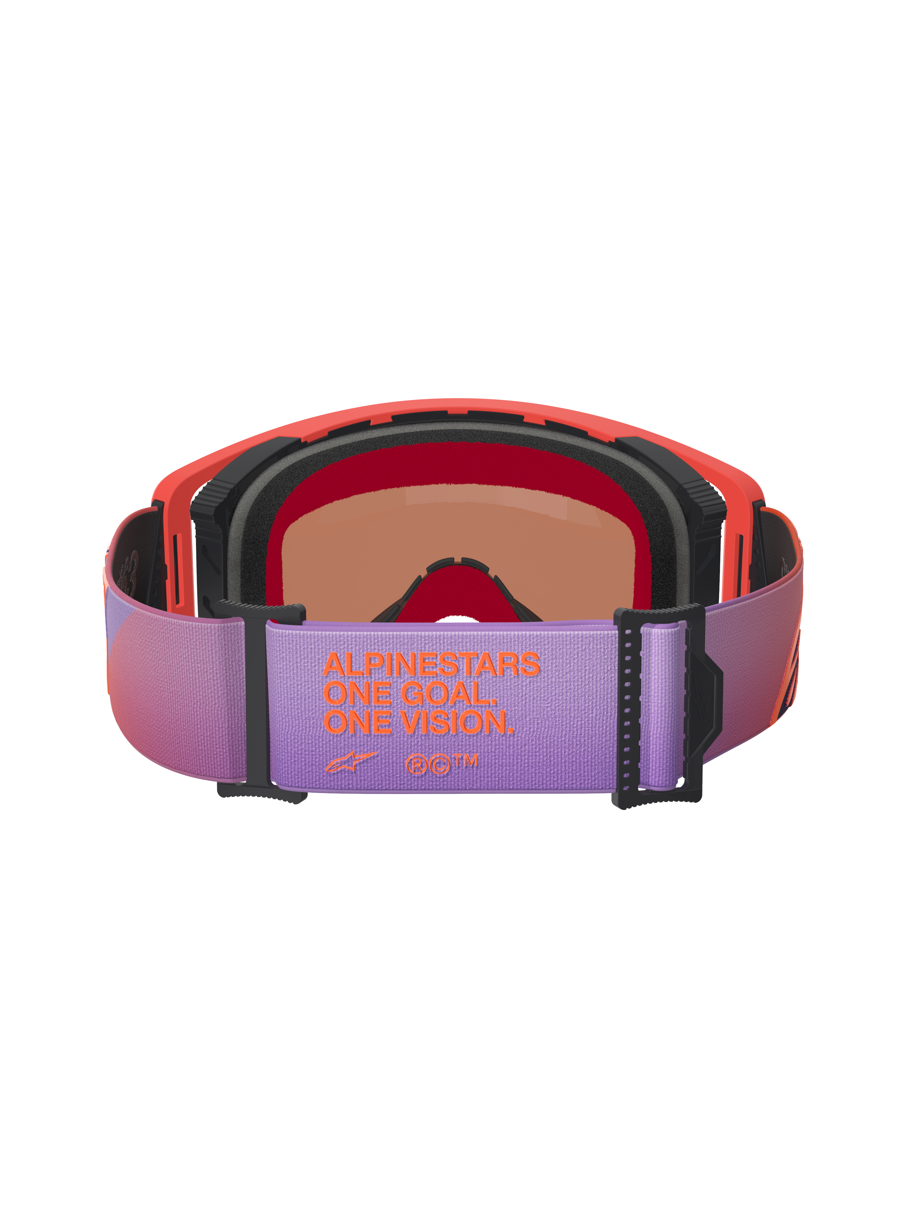 Alpinestars Supertech Vision Corp goggles, motocrossbriller, set bagfra med en lilla justerbar rem med orange 'ALPINESTARS ONE GOAL ONE VISION' branding, hot coral-farvet ramme med sort skum, højtydende briller til off-road racing