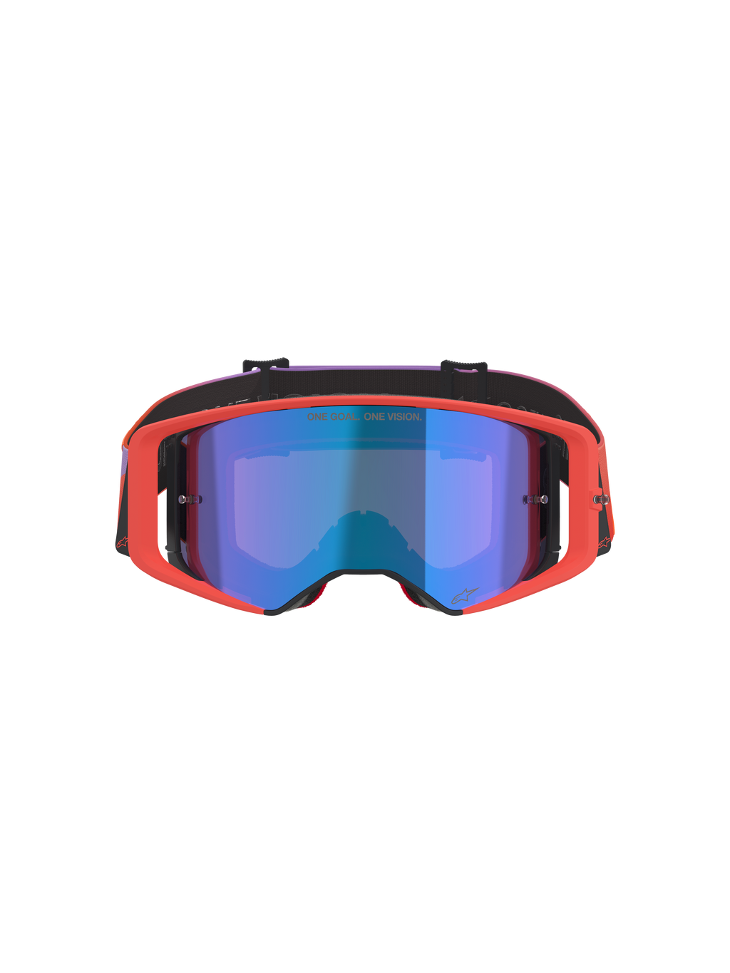 Alpinestars Supertech Vision Corp-briller, motocross-briller, Hot Coral-ramme med Mirror Blue-tonet linse, lilla og orange gradient-rem, med teksten 'ONE GOAL. ONE VISION.', højtydende øjenbeskyttelse til off-road racing