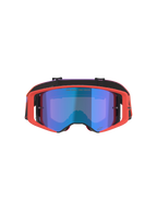Alpinestars Supertech Vision Corp-briller, motocross-briller, Hot Coral-ramme med Mirror Blue-tonet linse, lilla og orange gradient-rem, med teksten 'ONE GOAL. ONE VISION.', højtydende øjenbeskyttelse til off-road racing
