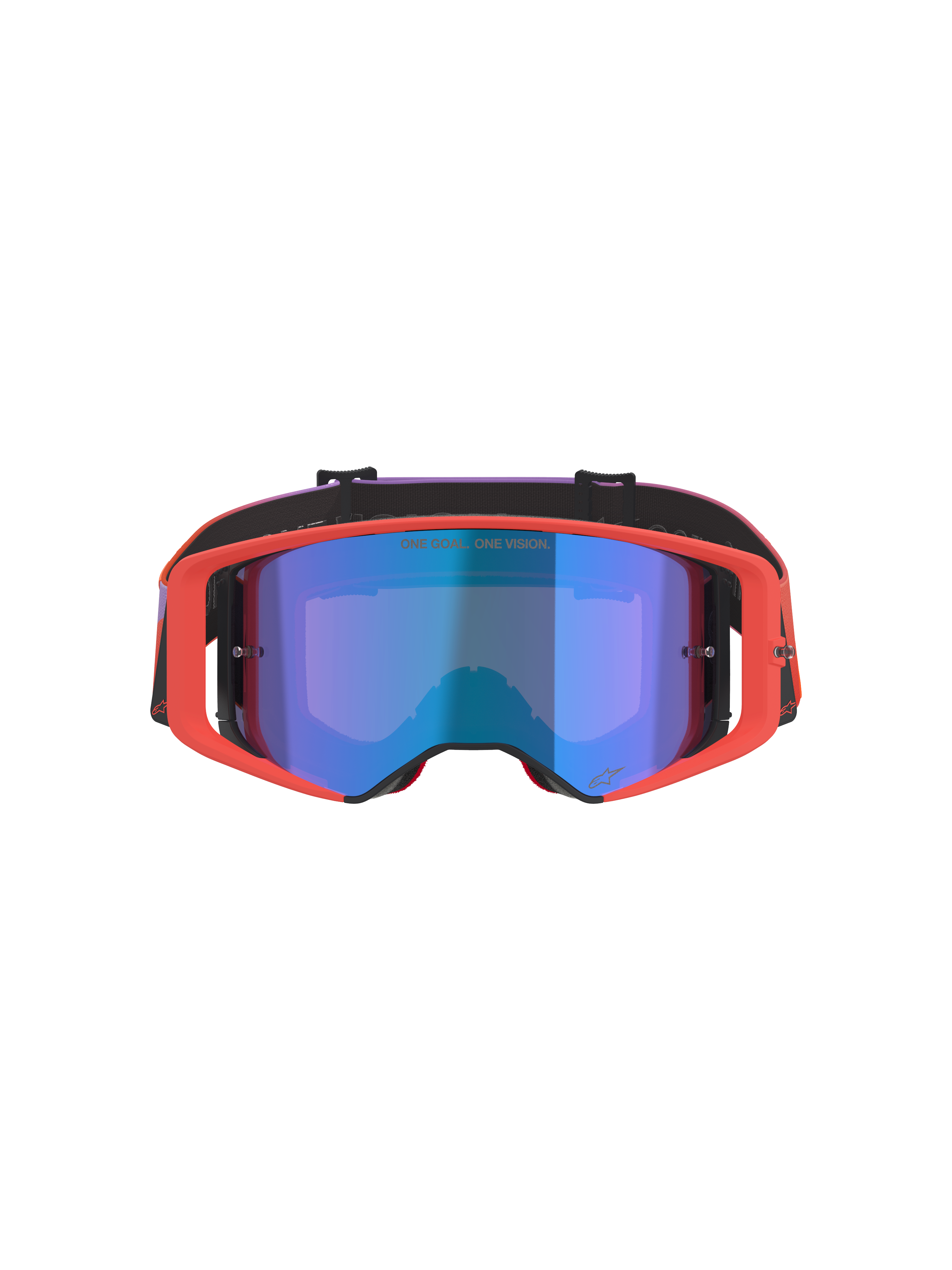 Alpinestars Supertech Vision Corp-briller, motocross-briller, Hot Coral-ramme med Mirror Blue-tonet linse, lilla og orange gradient-rem, med teksten 'ONE GOAL. ONE VISION.', højtydende øjenbeskyttelse til off-road racing