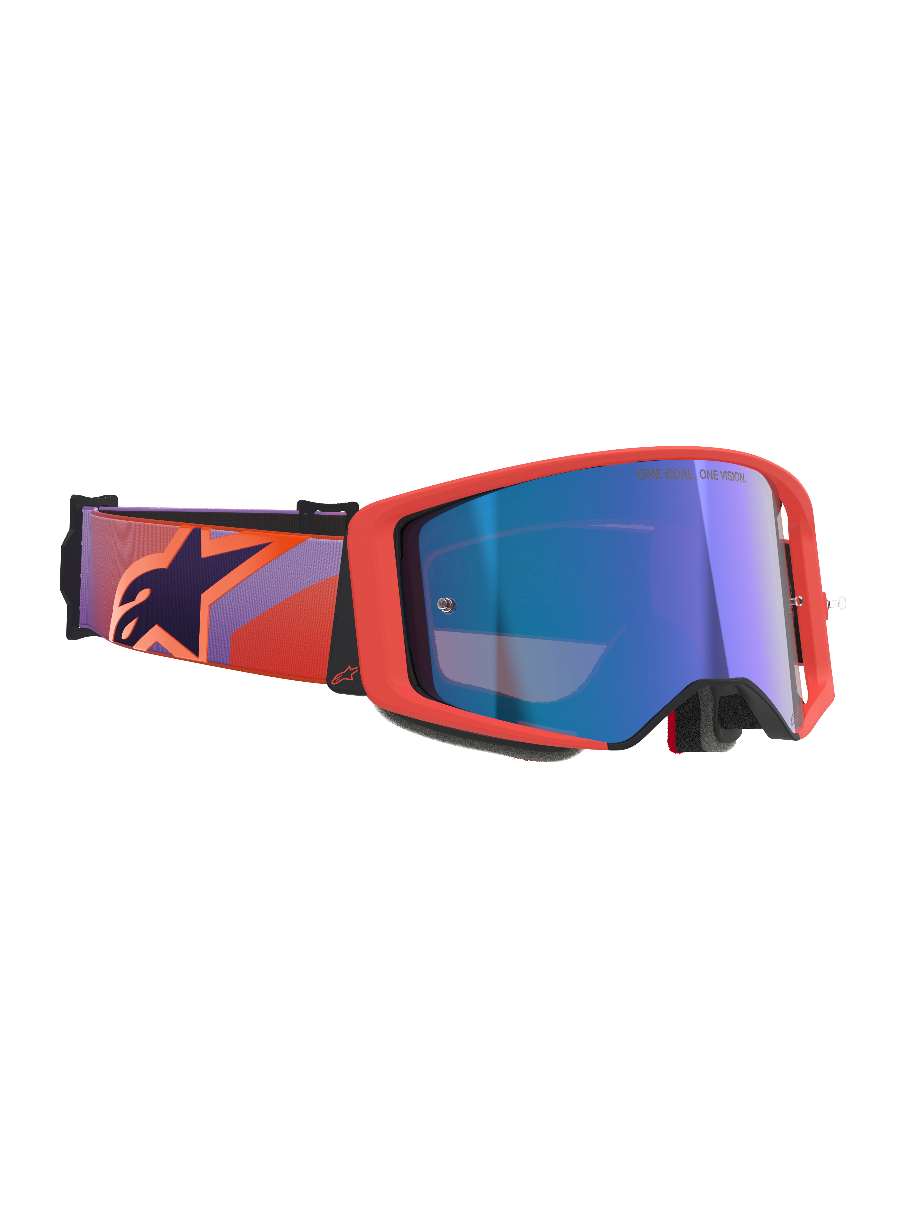 Alpinestars Supertech Vision Corp Goggles, motocross-briller, Hot Coral-stel og Mirror Blue-linse, lilla- og koralmønstret rem med mørkeblåt stjernelogo, mesterskabsafprøvet design til off-road kørsel