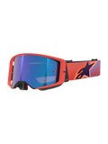 Alpinestars Supertech Vision Corp Goggles, motocross-briller, Hot Coral-stel med spejlblå tonet linse, lilla og orange mønstret rem med Alpinestars-logo, højtydende briller til off-road racing