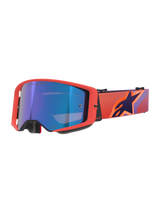 Alpinestars Supertech Vision Corp Goggles, motocross-briller, Hot Coral-stel med spejlblå tonet linse, lilla og orange mønstret rem med Alpinestars-logo, højtydende briller til off-road racing