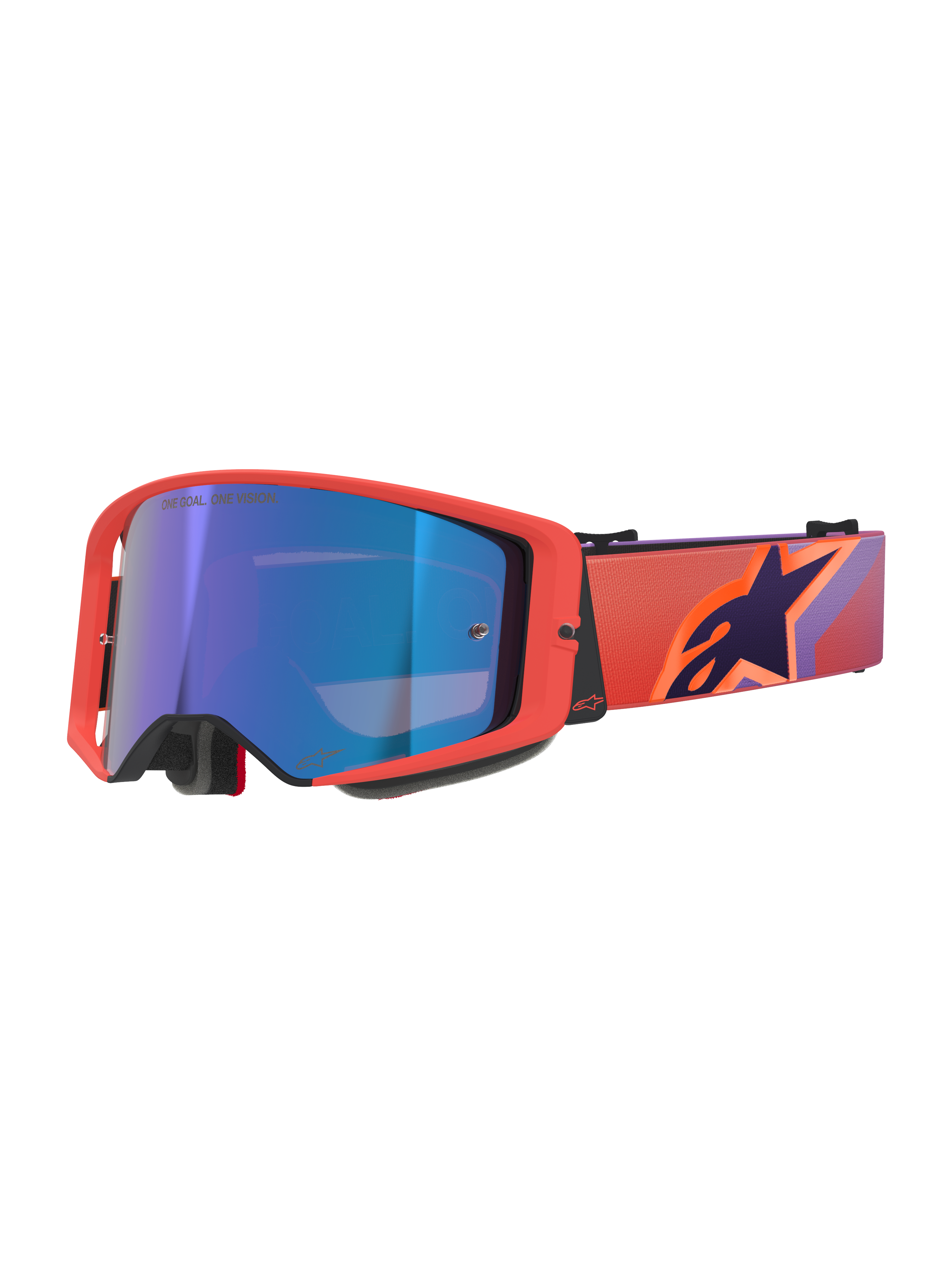 Alpinestars Supertech Vision Corp Goggles, motocross-briller, Hot Coral-stel med spejlblå tonet linse, lilla og orange mønstret rem med Alpinestars-logo, højtydende briller til off-road racing