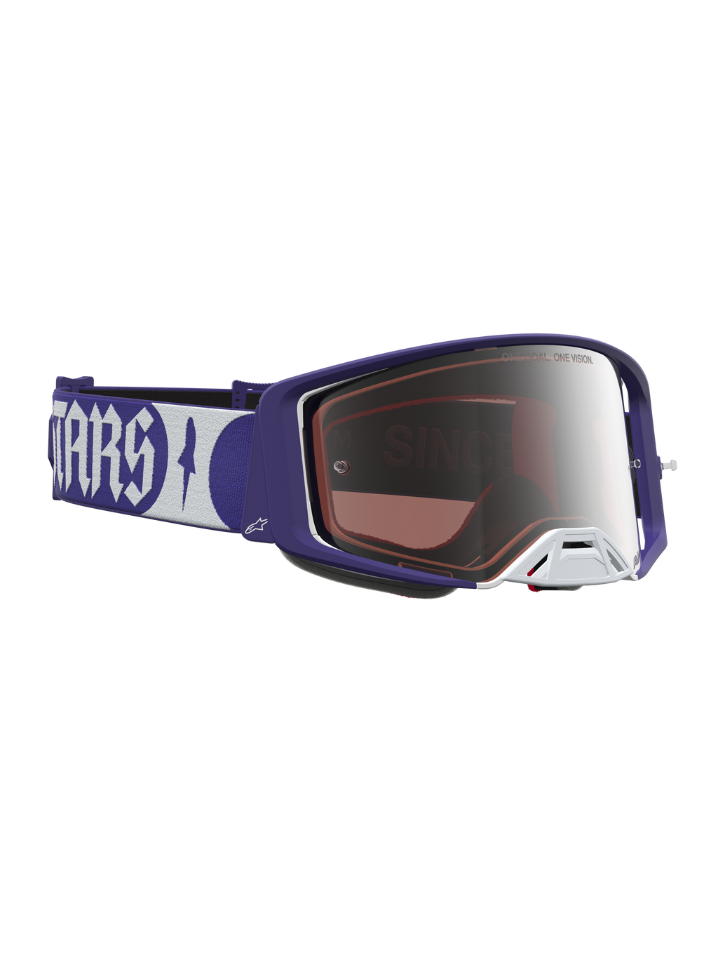 Alpinestars Supertech Atrox Goggles, motocross-racerbriller i mørkeblå og hvid med spejlsølv-linse.