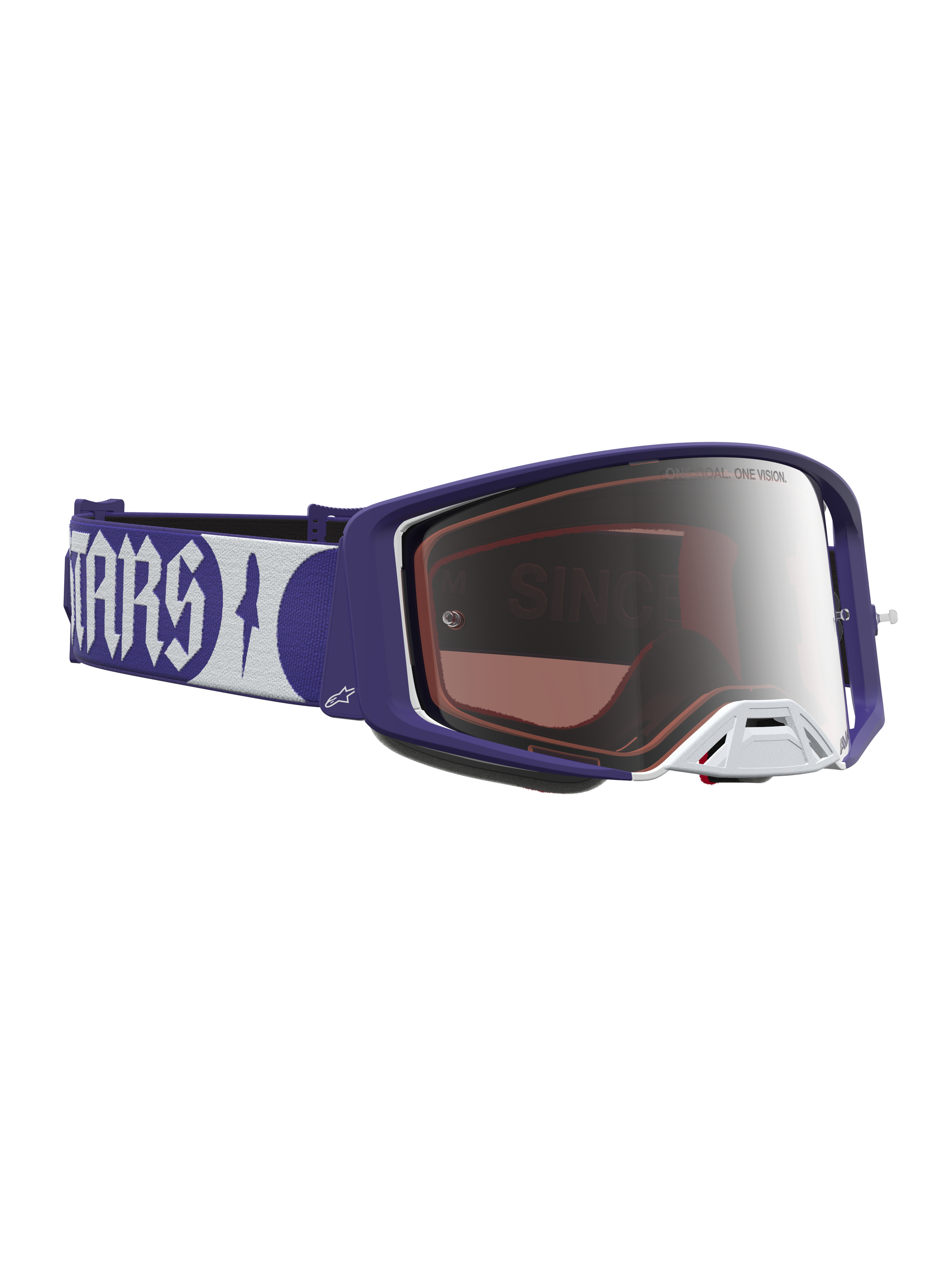 Alpinestars Supertech Atrox Goggles, motocross-racerbriller i mørkeblå og hvid med spejlsølv-linse.
