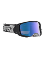 Alpinestars Supertech Atrox Motocross Goggles with a black frame, blue mirrored lens, and wide silver logo adjustable strap.