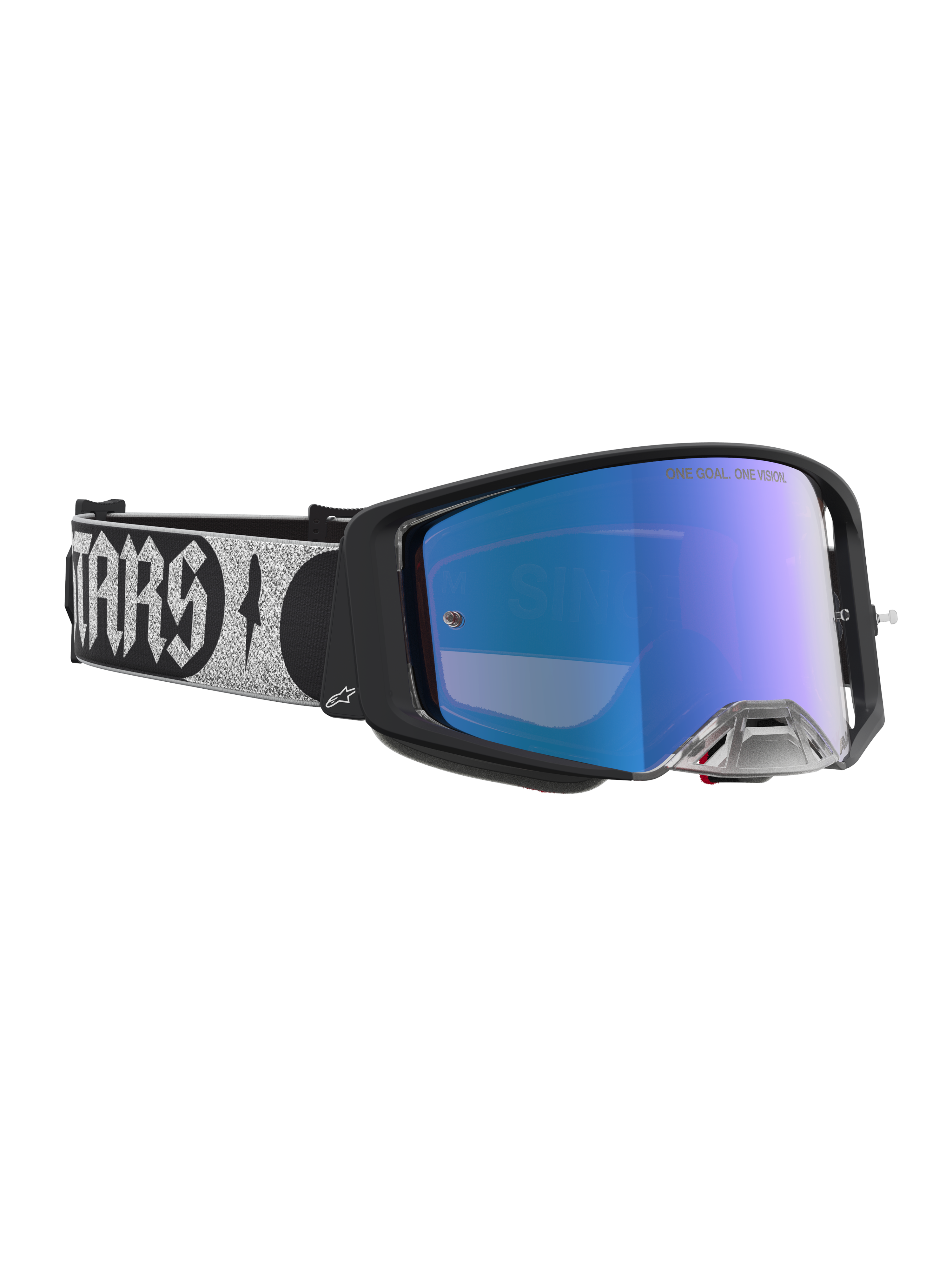 Alpinestars Supertech Atrox Motocross Goggles with a black frame, blue mirrored lens, and wide silver logo adjustable strap.