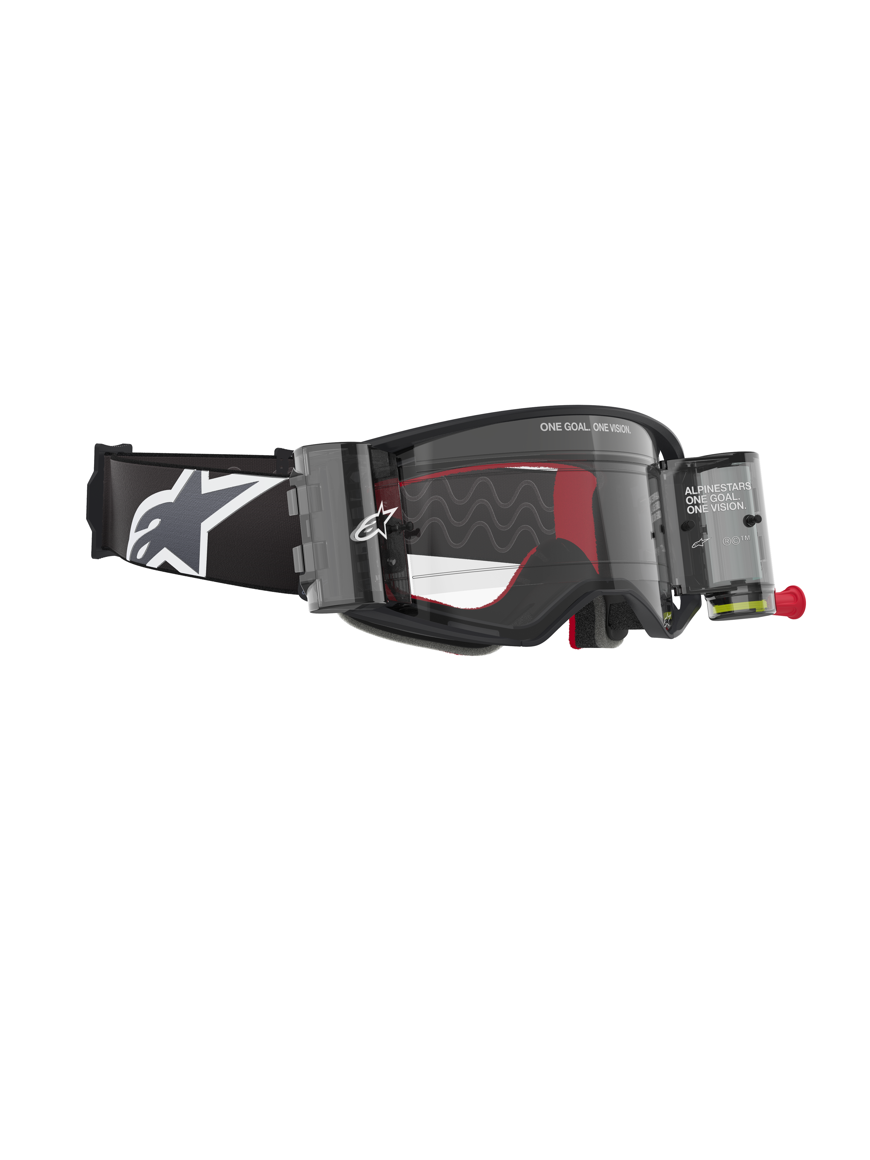 Alpinestars Supertech Corp Goggles Roll Off, Black and Grey, featuring a Wide Vision Roll-Off system with transparent canisters, a clear lens with silicone glide lines, and a wide black strap with the white Astars logo, designed for professional motocross and off-road racing.