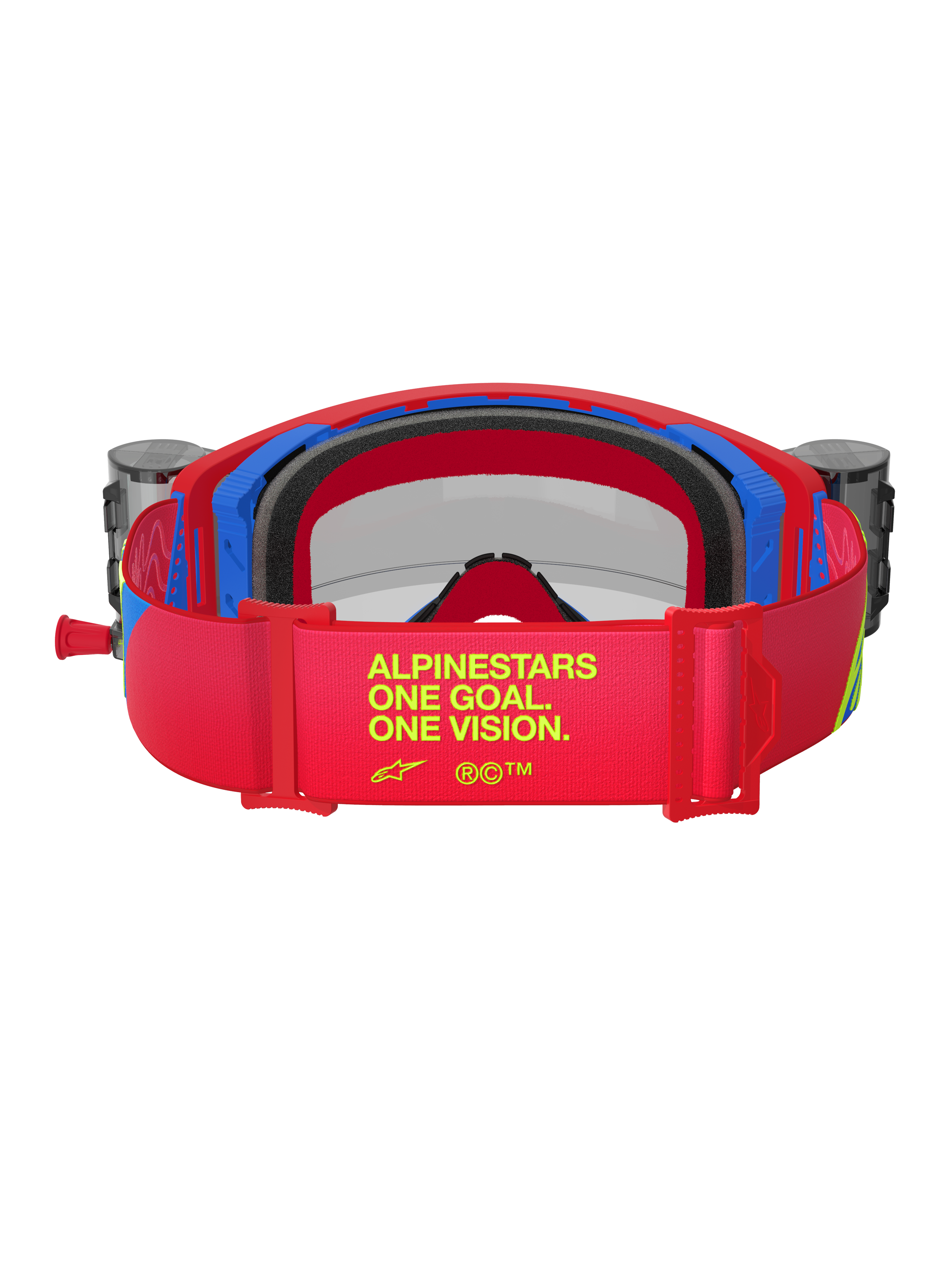 Alpinestars Supertech Corp Goggles, Red and Blue Motocross Goggles, back view showing red adjustable strap with yellow 'ALPINESTARS ONE GOAL. ONE VISION.' branding, integrated roll-off canisters and black multi-layer face foam