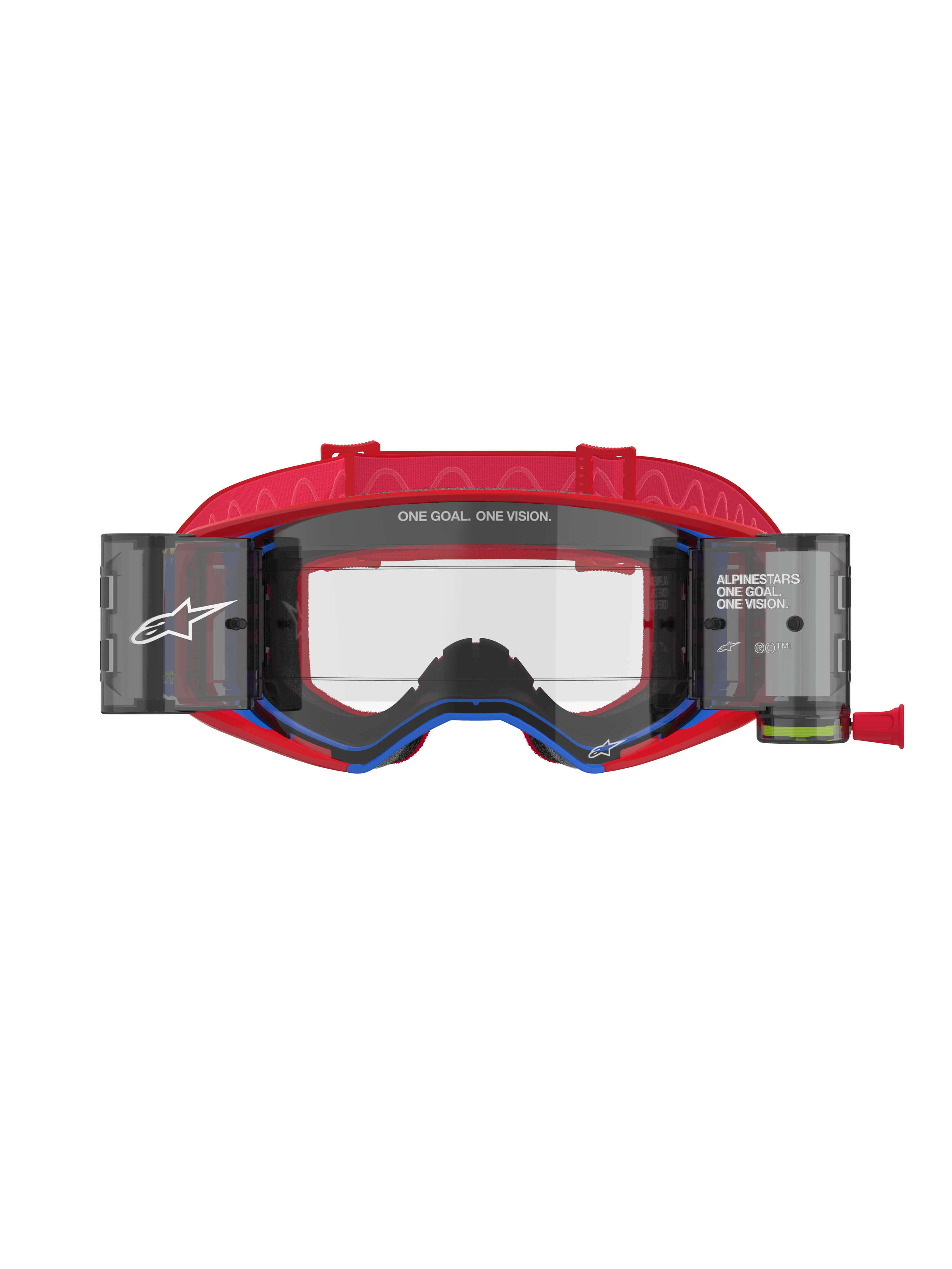 Alpinestars Supertech Corp Goggles Roll Off, Motocross Goggles, Red and Blue, Clear injection-molded lens with integrated roll-off canisters and film, red patterned strap, professional off-road racing eye protection
