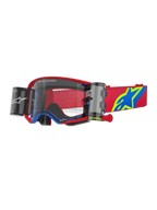 Alpinestars Supertech Corp Goggles Roll Off, Motocross Goggles, Red and Blue with Clear Lens, features integrated Wide Vision Roll-Off system, clear injection-molded lens, red frame with blue accents, wide red strap with blue and yellow star logo, professional off-road racing eye protection