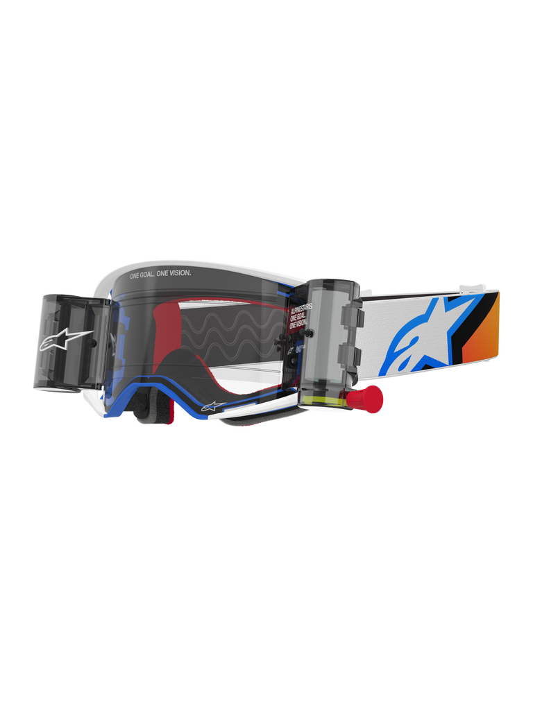 Alpinestars Supertech Corp Goggles Roll Off, motocross-briller, blåt og orange design, hvid ramme med klar linse og roll-off system, udstyret med Wide Vision-beholdere og et blåt Astars-logo på remmen