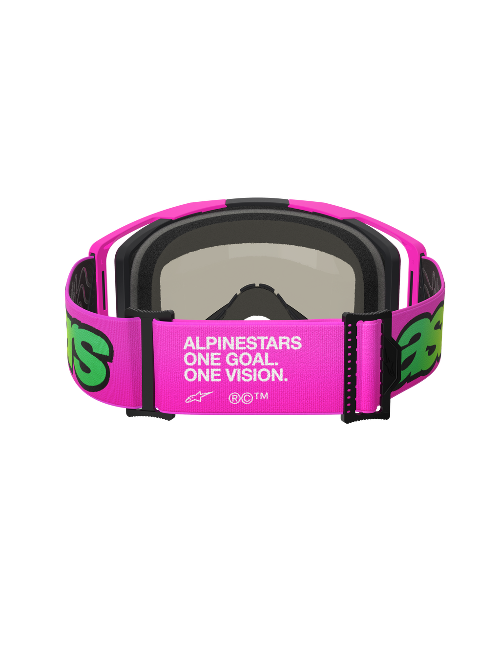 Alpinestars Vision 8 Vista Goggles, motocross-briller, pink og fluo-gul, set bagfra med den brede justerbare rem med hvid 'One Goal. One Vision.' branding, pink ramme med sort ansigtsskum, højtydende off-road briller