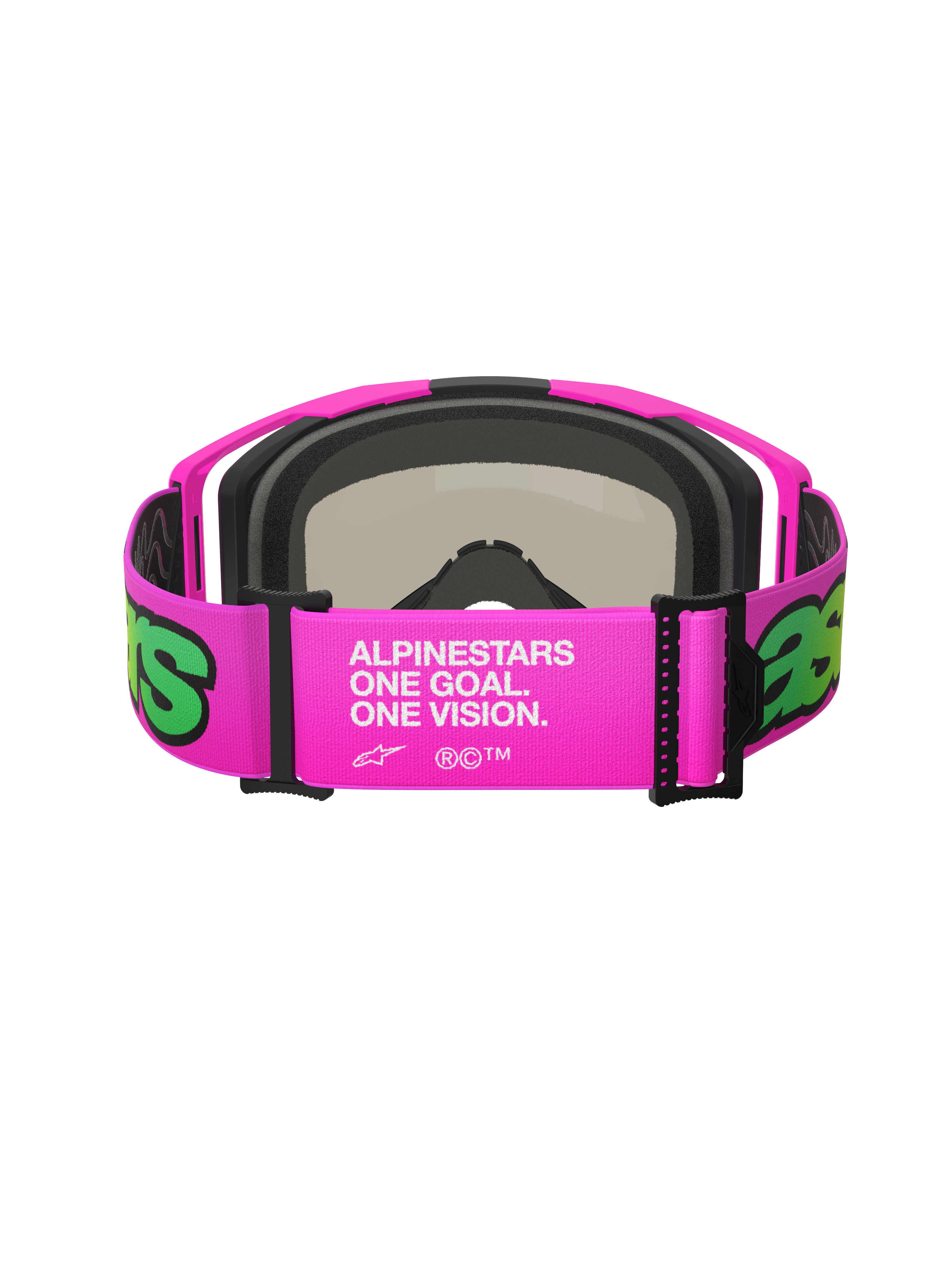 Alpinestars Vision 8 Vista Goggles, motocross-briller, pink og fluo-gul, set bagfra med den brede justerbare rem med hvid 'One Goal. One Vision.' branding, pink ramme med sort ansigtsskum, højtydende off-road briller