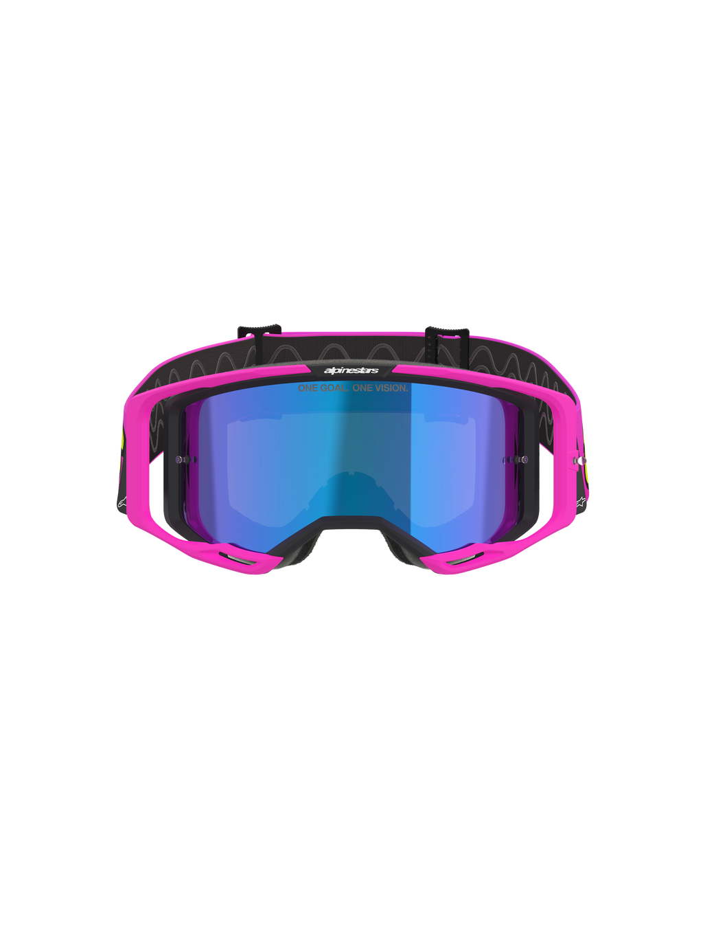 Alpinestars Vision 8 Vista Goggles, motocross-briller, pink fluo og gul fluo med blåt spejlglas, vibrerende pink ramme, blåt spejlglas, sort rem med 'ONE GOAL. ONE VISION.' branding, professionelt off-road racerudstyr