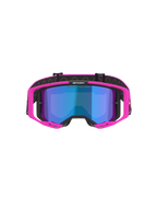 Alpinestars Vision 8 Vista Goggles, motocross-briller, pink fluo og gul fluo med blåt spejlglas, vibrerende pink ramme, blåt spejlglas, sort rem med 'ONE GOAL. ONE VISION.' branding, professionelt off-road racerudstyr