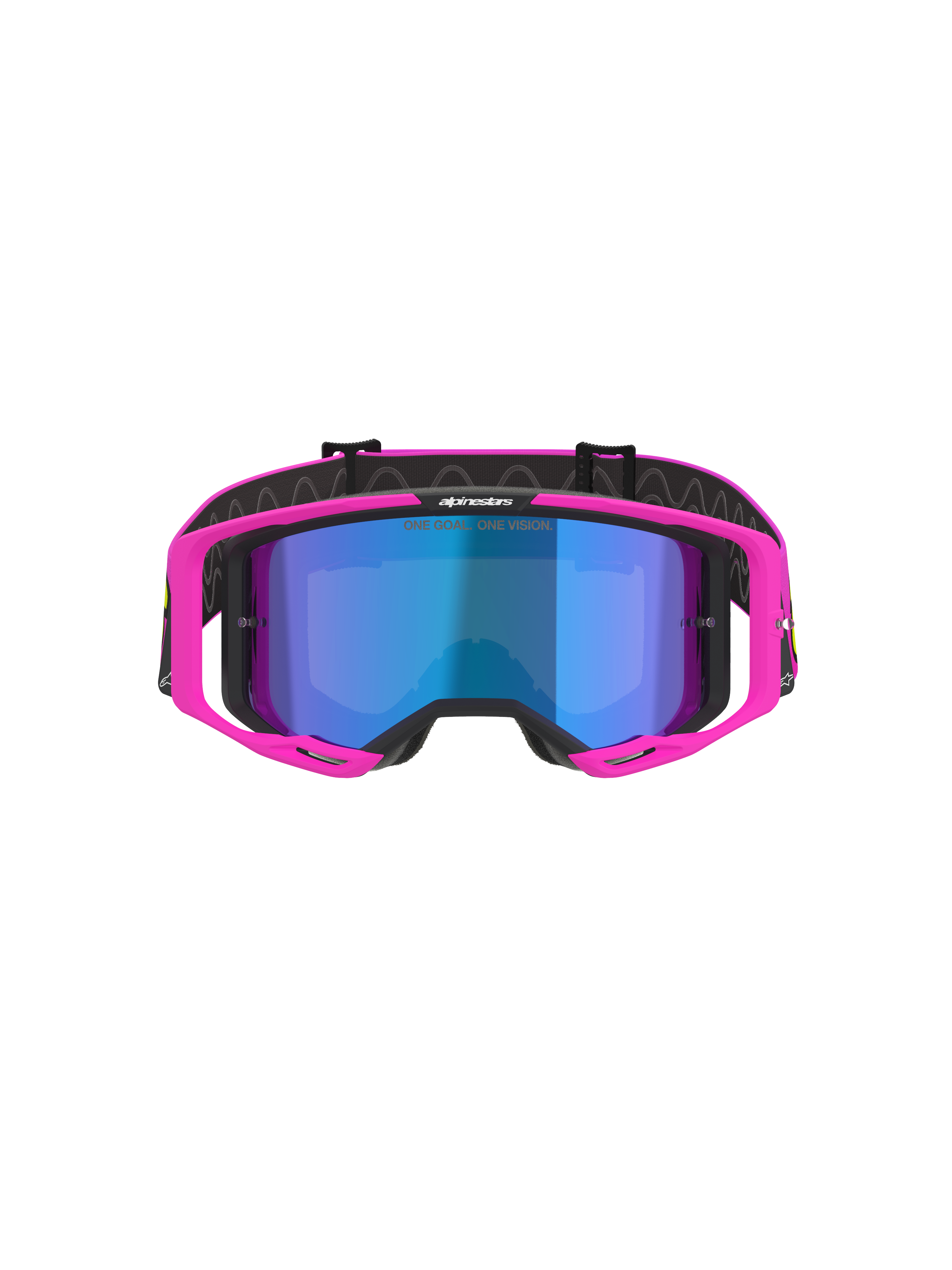 Alpinestars Vision 8 Vista Goggles, motocross-briller, pink fluo og gul fluo med blåt spejlglas, vibrerende pink ramme, blåt spejlglas, sort rem med 'ONE GOAL. ONE VISION.' branding, professionelt off-road racerudstyr