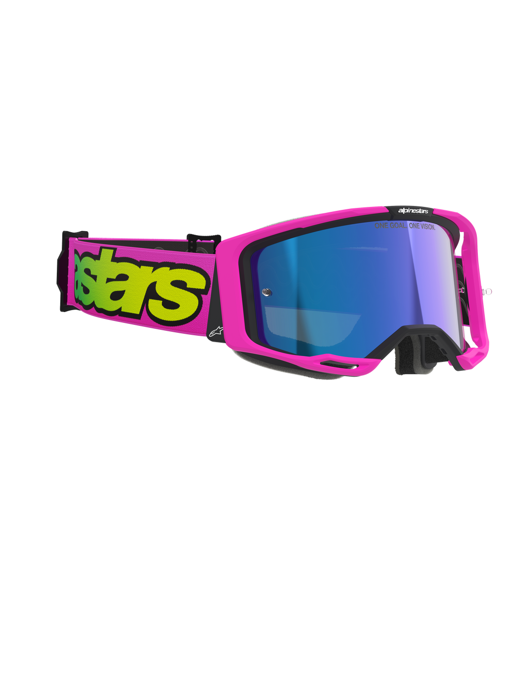 Alpinestars Vision 8 Vista Goggles, motocross-briller, pink fluo og gul fluo med Mirror Blue-linse, iøjnefaldende pink ramme og rem med markant gul branding, professionel øjenbeskyttelse til terrænkørsel