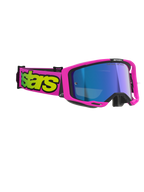 Alpinestars Vision 8 Vista Goggles, motocross-briller, pink fluo og gul fluo med Mirror Blue-linse, iøjnefaldende pink ramme og rem med markant gul branding, professionel øjenbeskyttelse til terrænkørsel