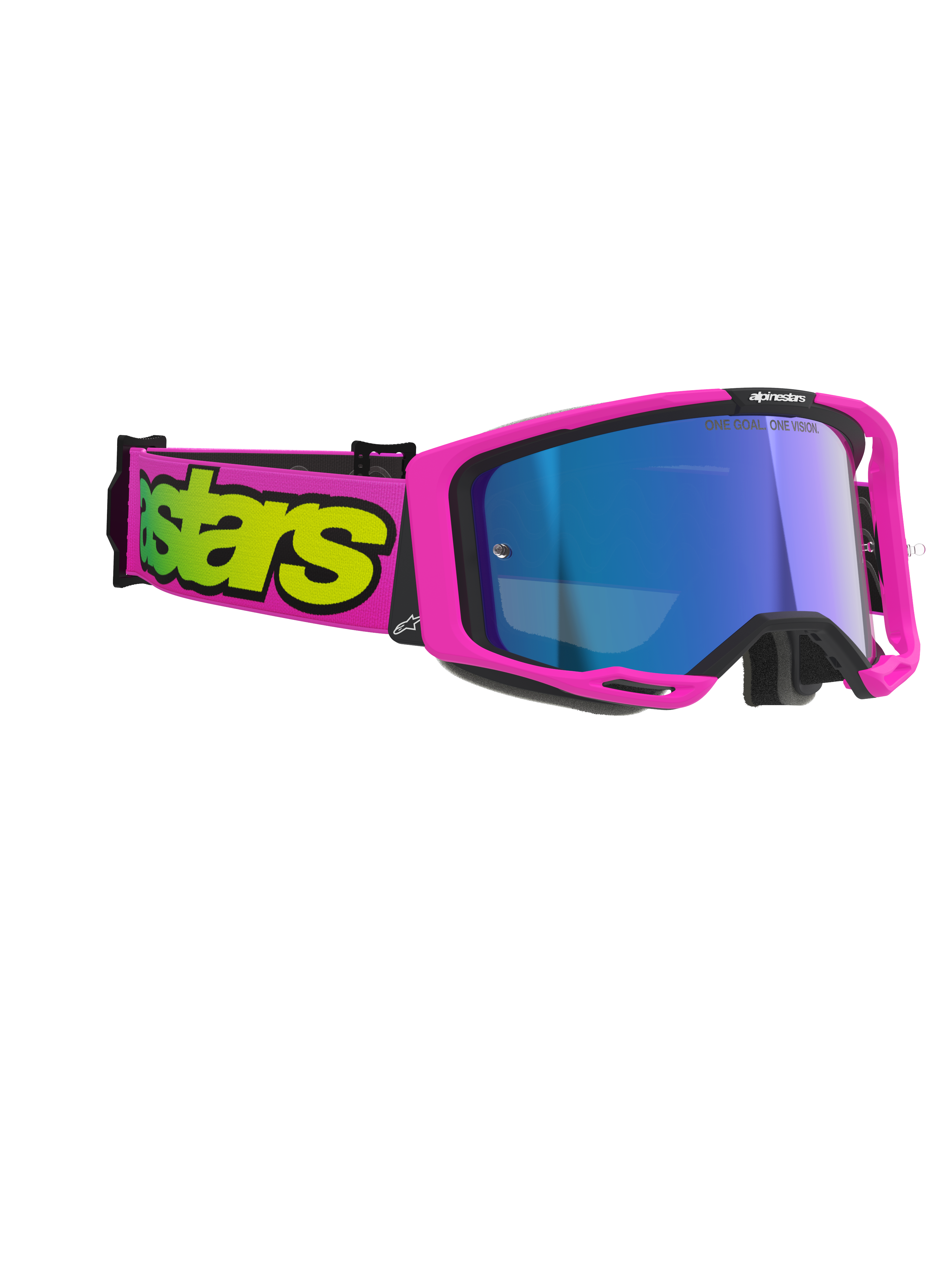 Alpinestars Vision 8 Vista Goggles, motocross-briller, pink fluo og gul fluo med Mirror Blue-linse, iøjnefaldende pink ramme og rem med markant gul branding, professionel øjenbeskyttelse til terrænkørsel