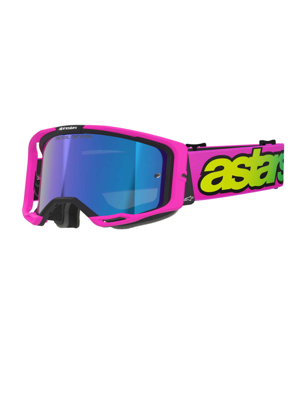 Alpinestars Vision 8 Vista Goggles, motocross-briller, fluoriserende pink og fluoriserende gul med Mirror Blue-linse, lys pink ramme, bred pink rem med markant fluoriserende gul branding, high-performance off-road briller