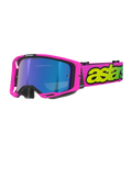 Alpinestars Vision 8 Vista Goggles, motocross-briller, fluoriserende pink og fluoriserende gul med Mirror Blue-linse, lys pink ramme, bred pink rem med markant fluoriserende gul branding, high-performance off-road briller