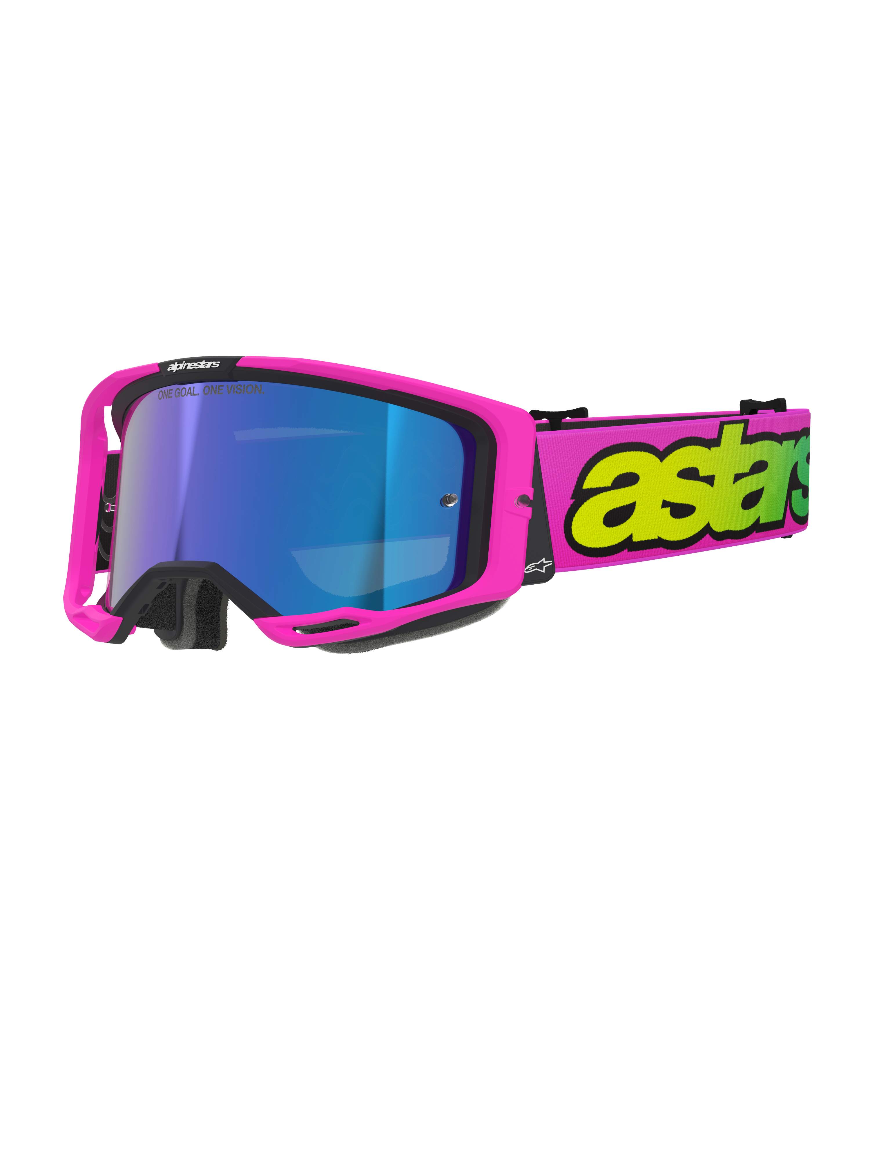 Alpinestars Vision 8 Vista Goggles, motocross-briller, fluoriserende pink og fluoriserende gul med Mirror Blue-linse, lys pink ramme, bred pink rem med markant fluoriserende gul branding, high-performance off-road briller