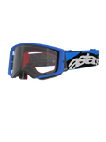 Alpinestars Supertech Stream Goggles, Motocross Goggles, Blue and Clear, bright blue frame with a clear lens, wide blue and black adjustable strap with a bold white 'astars' logo, red interior foam accents, professional eyewear for off-road and motocross racing