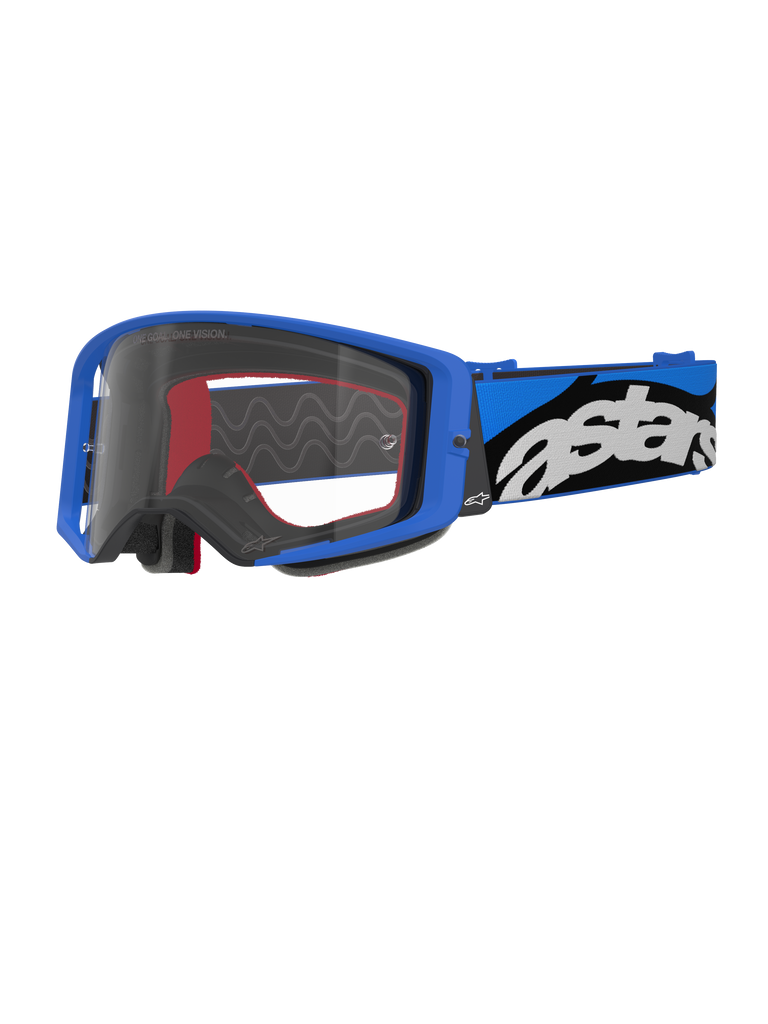 Alpinestars Supertech Stream Goggles, motocross-briller, blå og klar, lyseblåt stel med en klar linse, bred blå og sort justerbar rem med et markant hvidt 'astars'-logo, røde indvendige skumdetaljer, professionelt øjenværn til off-road og motocross-løb