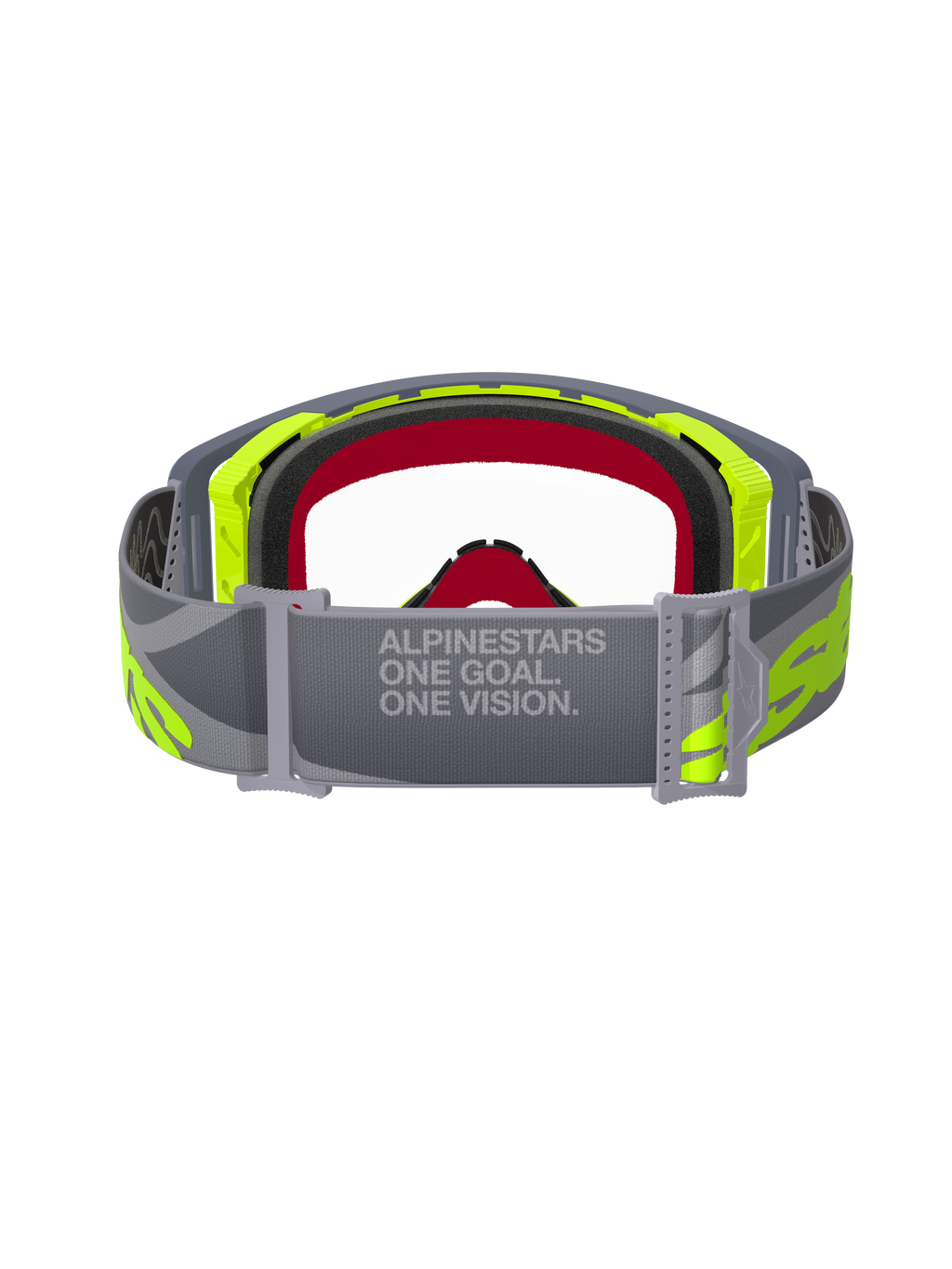 Alpinestars Supertech Stream goggles, motocross-briller, grå og gul fluo, set bagfra viser den justerbare grå rem med teksten 'ONE GOAL. ONE VISION.', klar linse og ansigtsskum i flere lag, professionelt racerudstyr til terrænkørsel