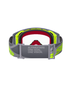 Alpinestars Supertech Stream goggles, motocross-briller, grå og gul fluo, set bagfra viser den justerbare grå rem med teksten 'ONE GOAL. ONE VISION.', klar linse og ansigtsskum i flere lag, professionelt racerudstyr til terrænkørsel
