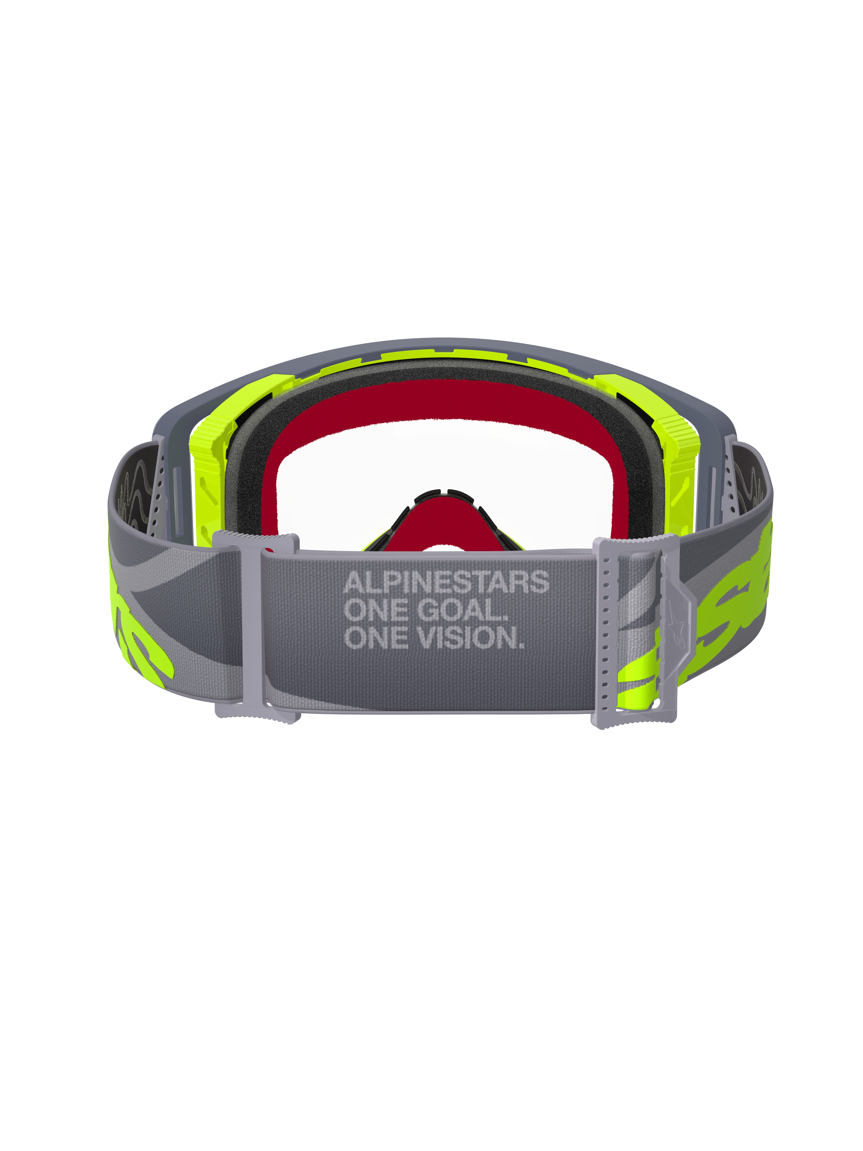 Alpinestars Supertech Stream goggles, motocross-briller, grå og gul fluo, set bagfra viser den justerbare grå rem med teksten 'ONE GOAL. ONE VISION.', klar linse og ansigtsskum i flere lag, professionelt racerudstyr til terrænkørsel