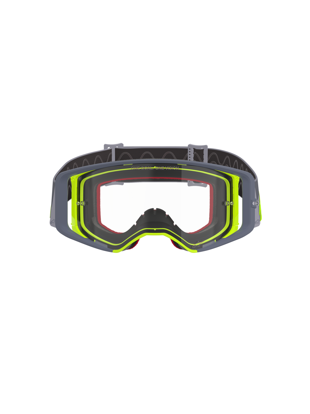 Alpinestars Supertech Stream goggles, motocross-briller, grå og fluorescerende gul ramme med klar linse, set forfra med bredt udsyn og teknisk rammekonstruktion, øjenbeskyttelse til off-road racing