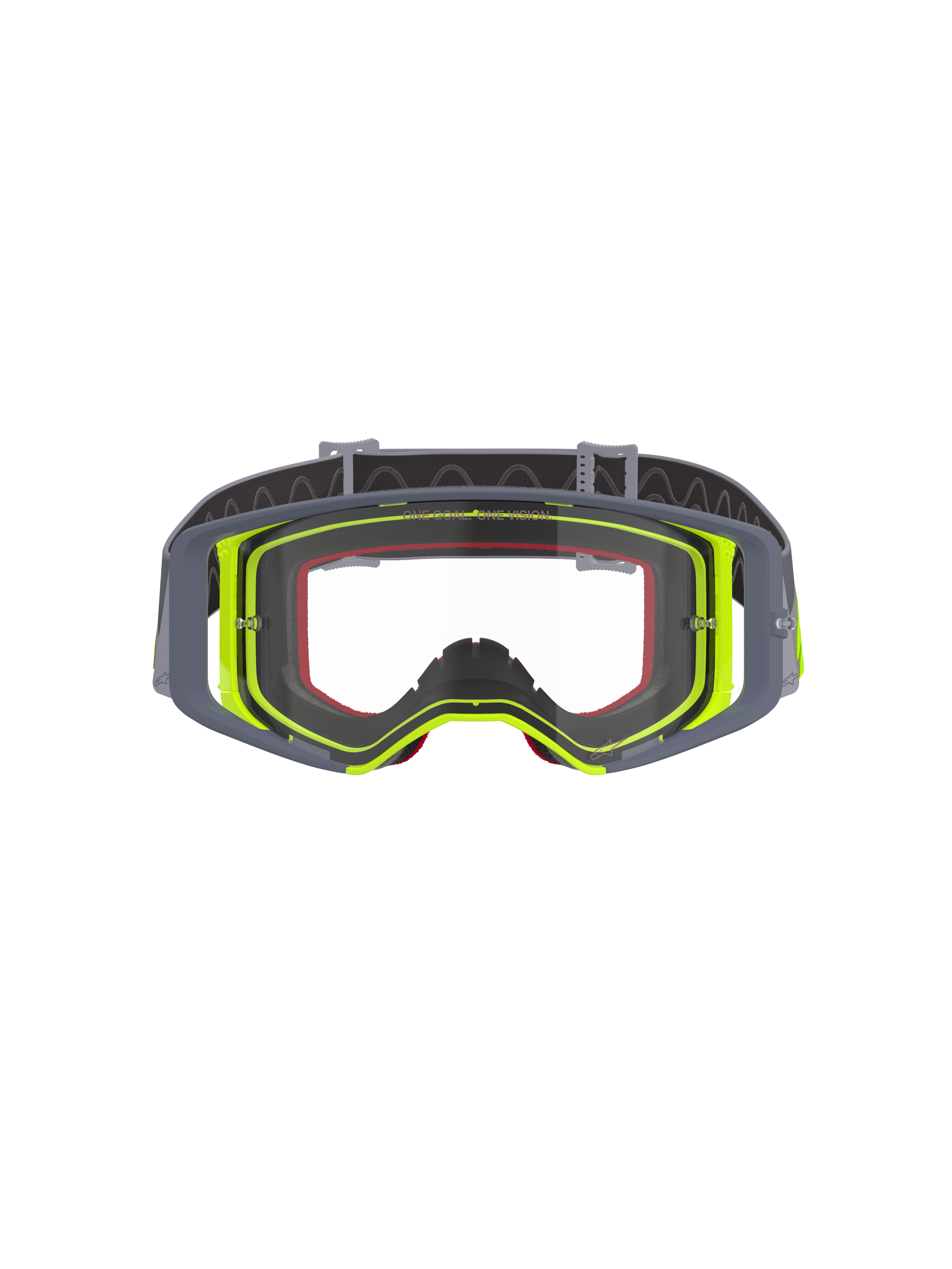 Alpinestars Supertech Stream goggles, motocross-briller, grå og fluorescerende gul ramme med klar linse, set forfra med bredt udsyn og teknisk rammekonstruktion, øjenbeskyttelse til off-road racing