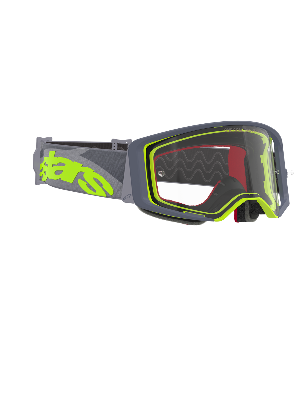 Alpinestars Supertech Stream Goggles, motocross-briller, grå og fluorgul ramme med klar linse, bred grå rem med stort fluorgult logo, designet til off-road og motocross-racerpræstationer