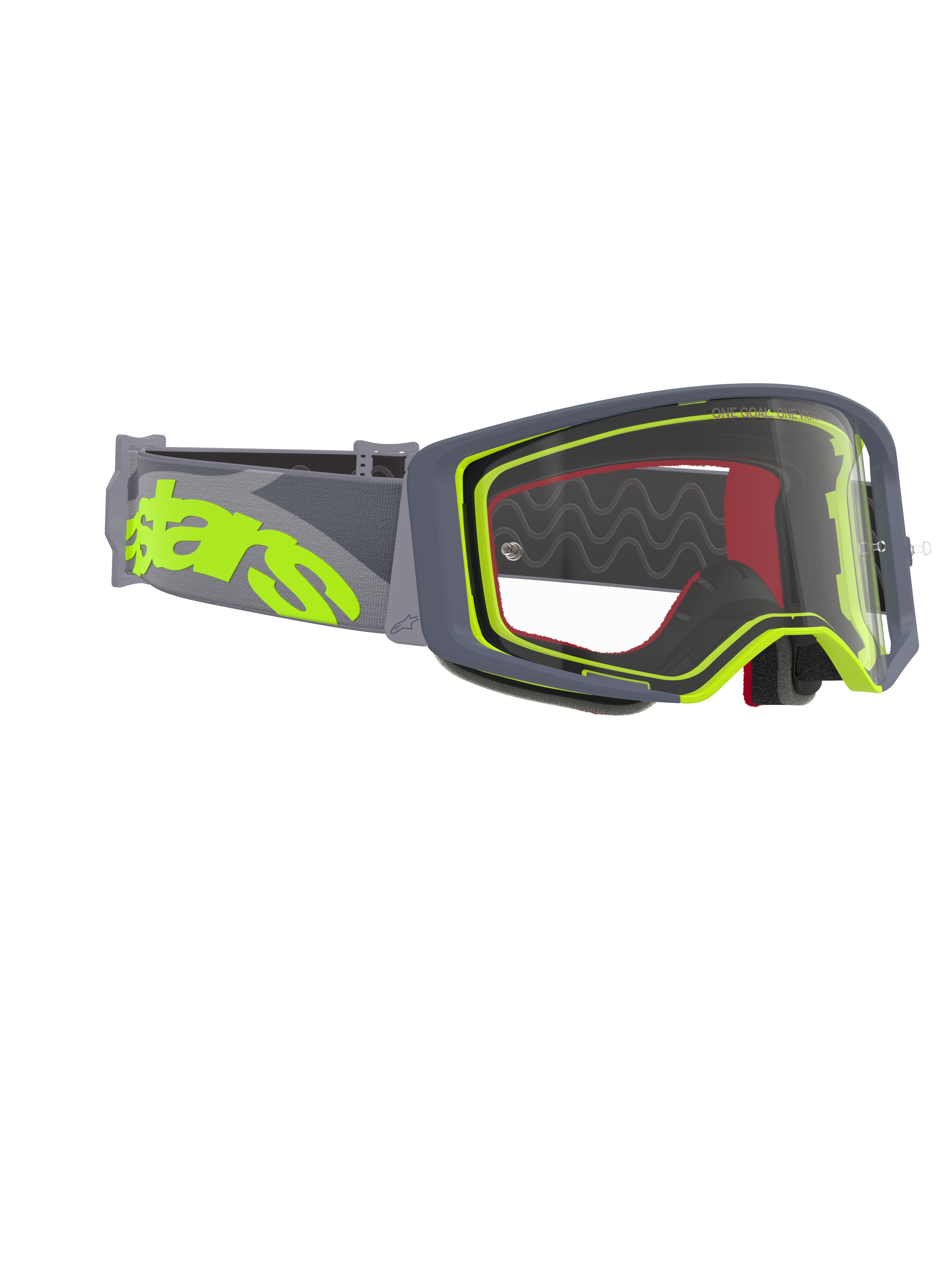 Alpinestars Supertech Stream Goggles, motocross-briller, grå og fluorgul ramme med klar linse, bred grå rem med stort fluorgult logo, designet til off-road og motocross-racerpræstationer