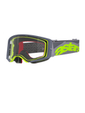 Alpinestars Supertech Stream briller, motocross-briller, grå og neon-gul, klar linse med grå ramme, rødt indvendigt skum, bred grå rem med markant neon-gul astars-branding, professionelt off-road-racerudstyr