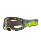 Alpinestars Supertech Stream briller, motocross-briller, grå og neon-gul, klar linse med grå ramme, rødt indvendigt skum, bred grå rem med markant neon-gul astars-branding, professionelt off-road-racerudstyr