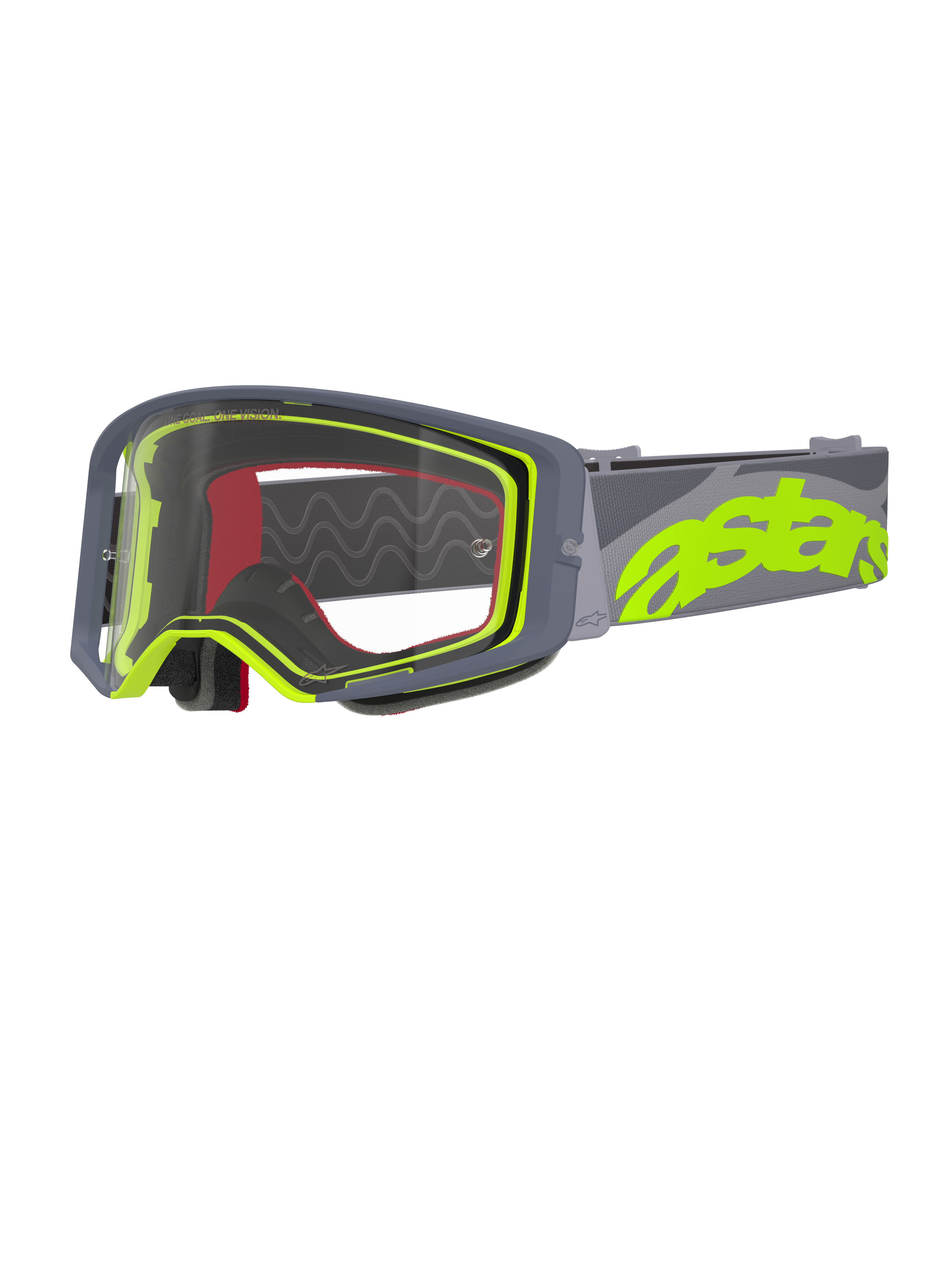 Alpinestars Supertech Stream briller, motocross-briller, grå og neon-gul, klar linse med grå ramme, rødt indvendigt skum, bred grå rem med markant neon-gul astars-branding, professionelt off-road-racerudstyr