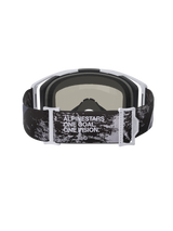 Alpinestars Vision 8 Lahnd Goggles, motocross-briller, Iron Camo og Mirror Silver, set bagfra med justerbar rem med 'ONE GOAL. ONE VISION.' tekst, camouflagemønster med hvide og grå steldetaljer