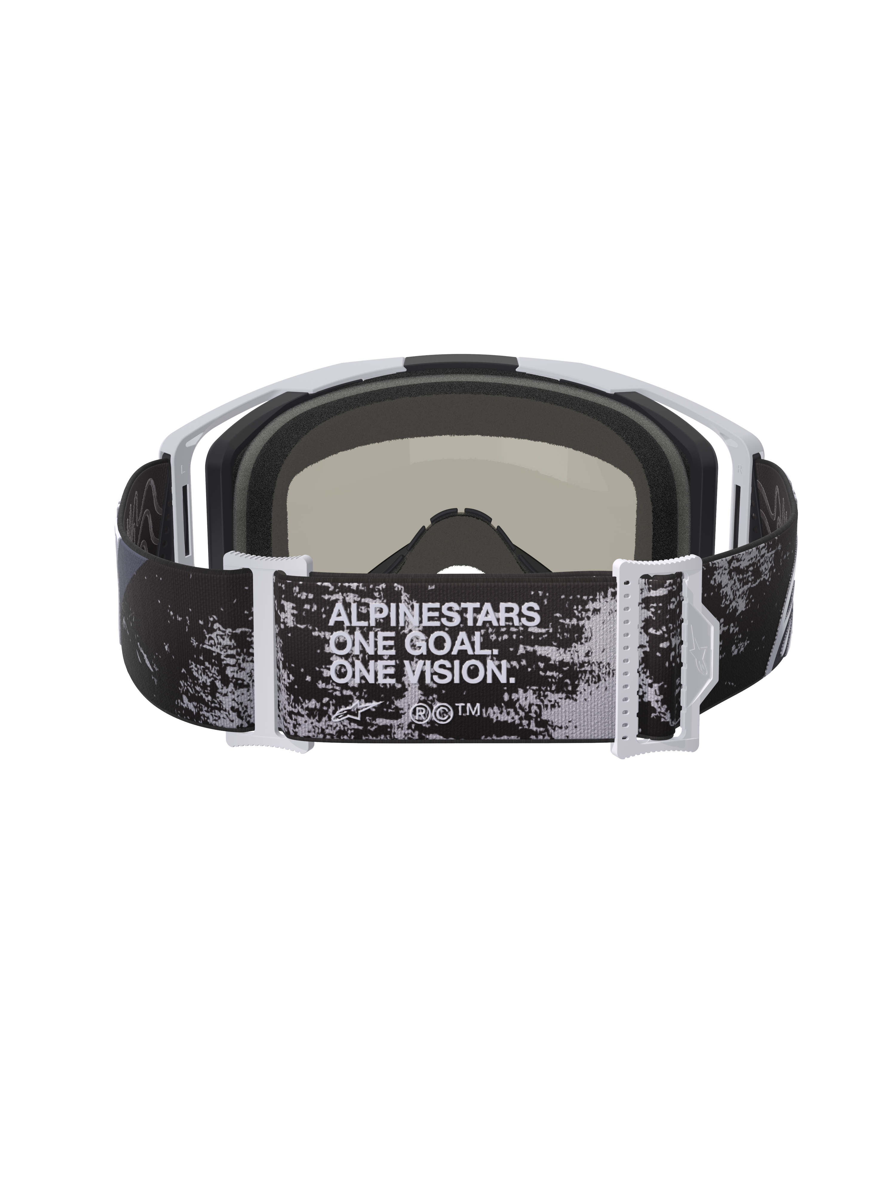 Alpinestars Vision 8 Lahnd Goggles, motocross-briller, Iron Camo og Mirror Silver, set bagfra med justerbar rem med 'ONE GOAL. ONE VISION.' tekst, camouflagemønster med hvide og grå steldetaljer