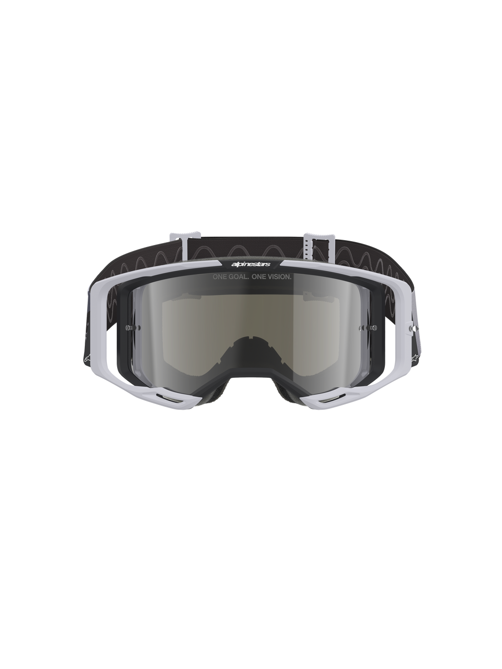 Alpinestars Vision 8 Lahnd Goggles, motocross-briller, Iron Camo Mirror Silver, lysegrå ramme med en sølvfarvet spejllinse, sort rem med bølgemønster, professionelle briller til off-road racing og motocross