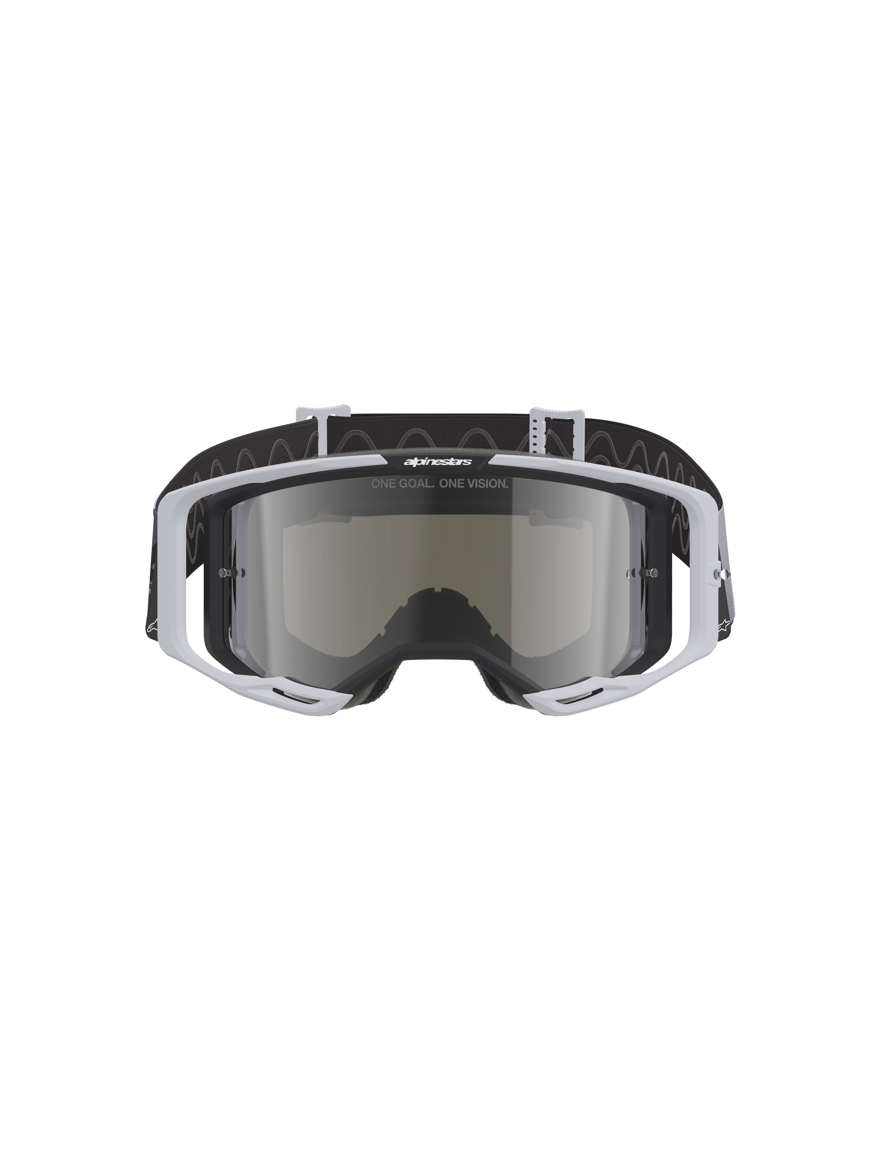 Alpinestars Vision 8 Lahnd Goggles, motocross-briller, Iron Camo Mirror Silver, lysegrå ramme med en sølvfarvet spejllinse, sort rem med bølgemønster, professionelle briller til off-road racing og motocross
