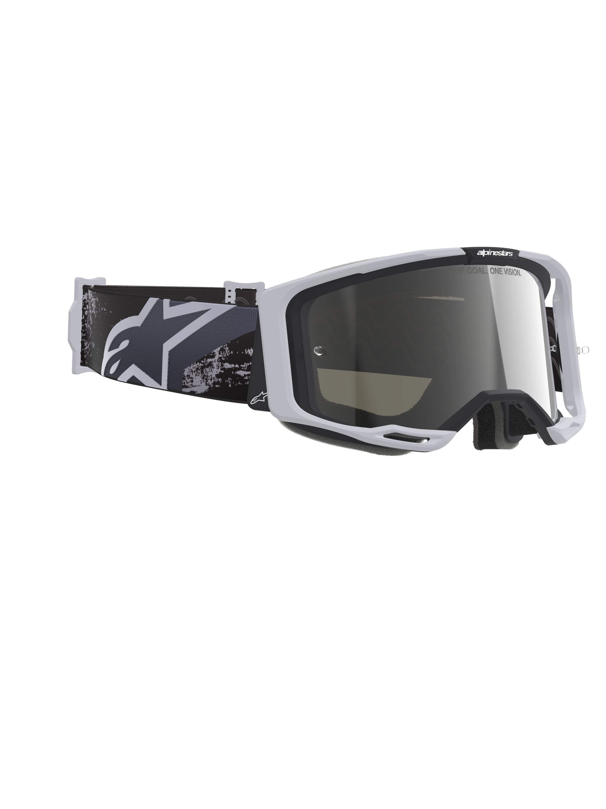 Alpinestars Vision 8 Lahnd Goggles, motocross-briller, Iron Camo Mirror Silver, lysegrå ramme med spejlsølv-linse, sort og grå camouflage-rem med hvidt Alpinestars-logo, højtydende off-road øjenbeskyttelse